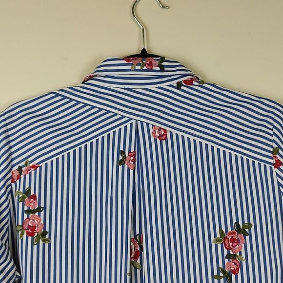 Boho Chic Striped Button Front 3/4 Sleeve Blouse Top with Floral Embroidery - Picture 9 of 10